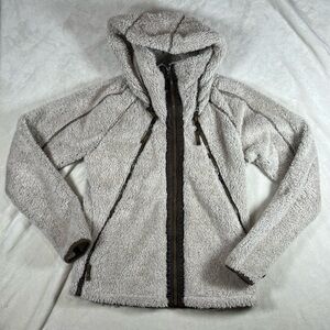 Women’s KUHL Medium Flight Jacket Sherpa Leather Lined Hooded Tactical Coat EUC